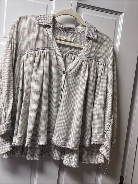 We The Free Tops - We The Free Cream Plaid Button-Front Peasant Blouse with Mint & Pink Checks